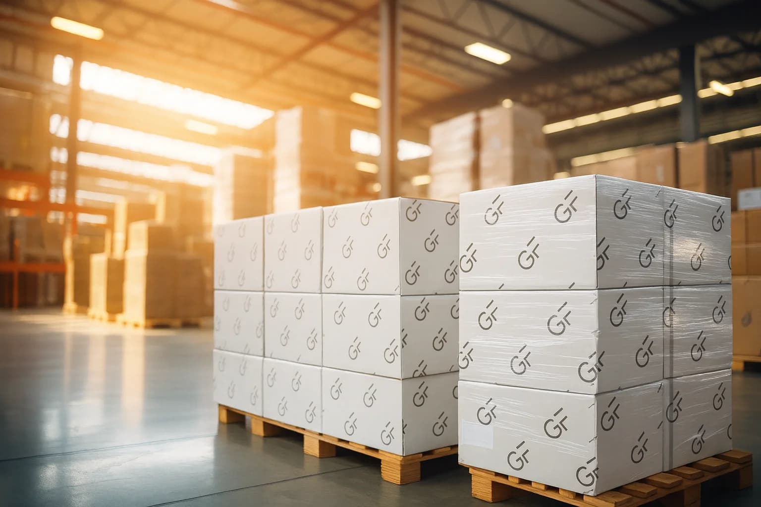 Glancy Fawcett Branded Boxes In Their Worldwide Delivery Warehouse